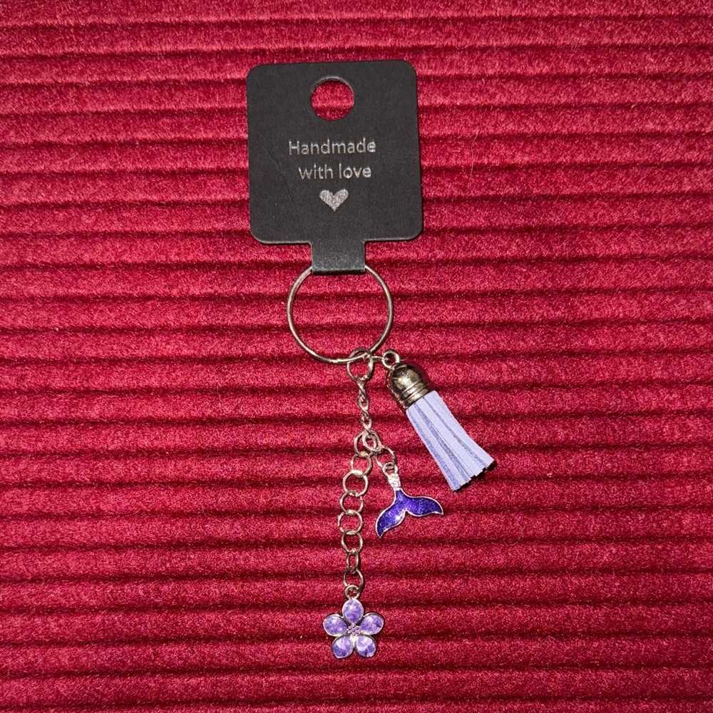 Handcrafted- Silver Keychain w/ Tassel lavender whale tail and flower